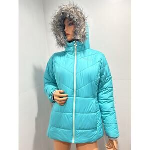 colombia Jacket Girls XL Turquoise With Fur Trim Hoodie